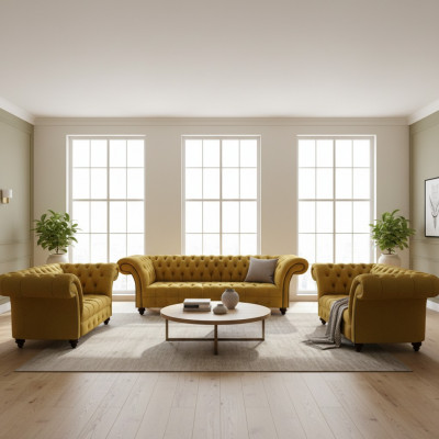 Luxurious Yellow Chesterfield Textile Couches Three-Seater Two-Seater Armchair