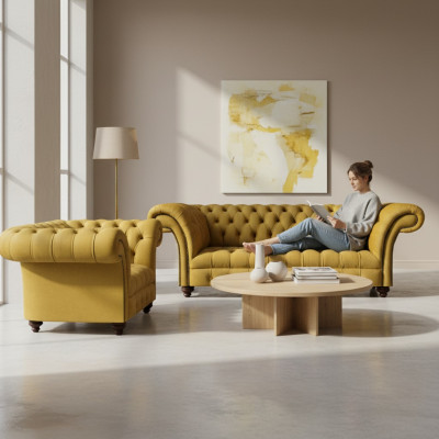 Designer living room modern yellow sofa set 2x sofas Chesterfield