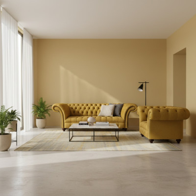 Designer living room modern yellow sofa set 2x sofas Chesterfield