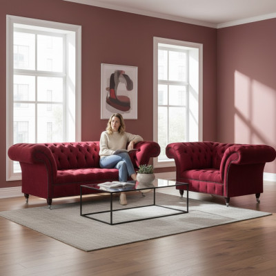 Rosa Chesterfield 3-Seater Stylish Two-Seater Living Room Textile Set