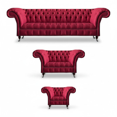 Living Room Pink Chesterfield Upholstered Luxury 3-Piece Set