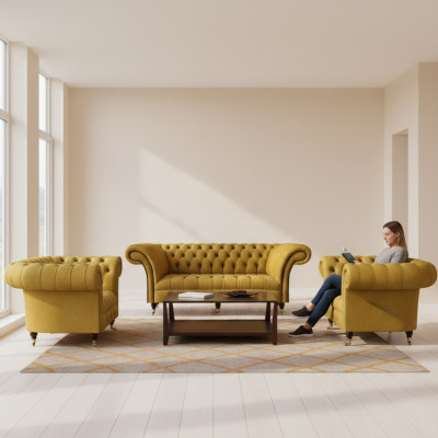 Chesterfield Yellow Seating Set Designer Three-Seater Noble Armchairs 3-piece set
