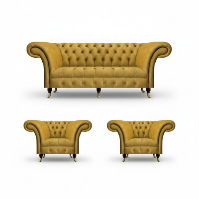 Chesterfield Yellow Seating Set Designer Three-Seater Noble Armchairs 3-piece set