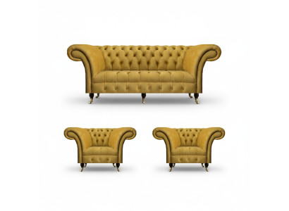 Chesterfield Yellow Seating Set Designer Three-Seater Noble Armchairs 3-piece set