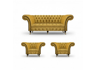 Chesterfield Yellow Seating Set Designer Three-Seater Noble Armchairs 3-piece set