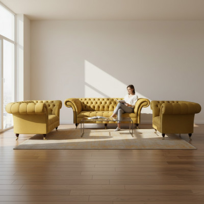 Noble Yellow Chesterfield Suite Upholstered Furniture Textile Sofas 3-piece Set