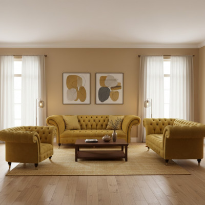 Noble Yellow Chesterfield Suite Upholstered Furniture Textile Sofas 3-piece Set