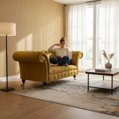 Chesterfield Designer Two-Seater Sofa Couch Living Room Luxury Yellow Upholstered Sofa