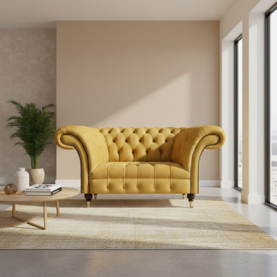 Chesterfield Designer Two-Seater Sofa Couch Living Room Luxury Yellow Upholstered Sofa