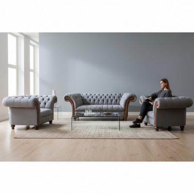 Light gray Chesterfield luxury suite living room 3-seater couch armchair