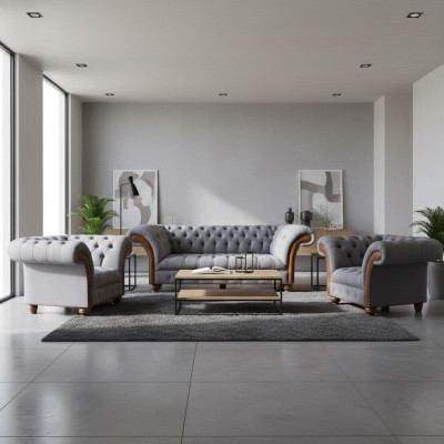 Light gray Chesterfield luxury suite living room 3-seater couch armchair