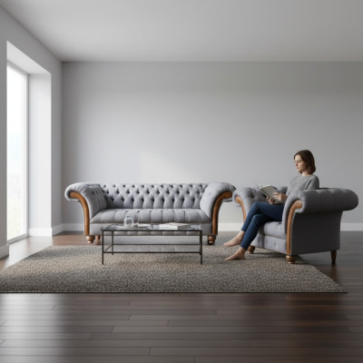 Luxurious Chesterfield Light Gray Sofa Set Upholstered Sofas Elegant Armchair