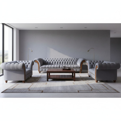 Chesterfield Light Gray Upholstered Sofa Set Fabric Designer 3-Piece Set