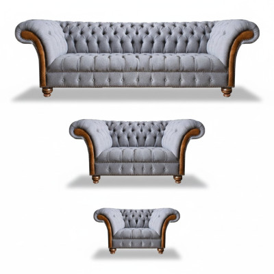 Chesterfield Light Gray Upholstered Sofa Set Fabric Designer 3-Piece Set