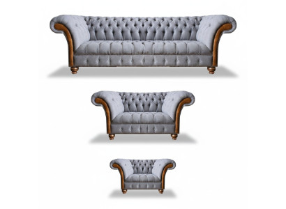 Chesterfield Light Gray Upholstered Sofa Set Fabric Designer 3-Piece Set