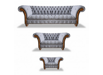 Chesterfield Light Gray Upholstered Sofa Set Fabric Designer 3-Piece Set