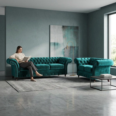 Green Chesterfield upholstered sofas living room 2x sofas two-seater 3-seater