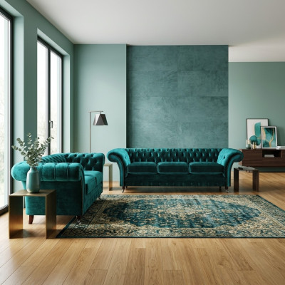 Green Chesterfield upholstered sofas living room 2x sofas two-seater 3-seater
