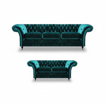 Green Chesterfield upholstered sofas living room 2x sofas two-seater 3-seater