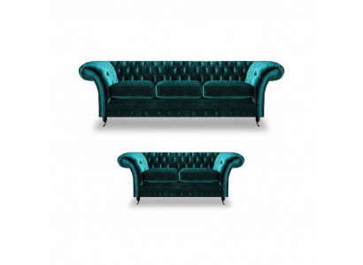 Green Chesterfield upholstered sofas living room 2x sofas two-seater 3-seater