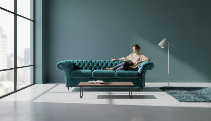 Living room green three-seater sofa couch textile furniture upholstered seat furniture