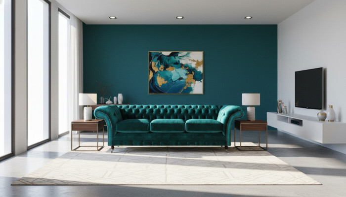 Living room green three-seater sofa couch textile furniture upholstered seat furniture