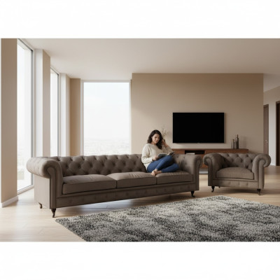 Light gray Chesterfield upholstered furniture, elegant textile couches, luxury armchairs