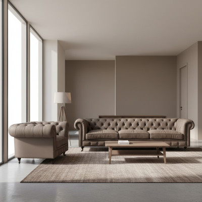Light gray Chesterfield upholstered furniture, elegant textile couches, luxury armchairs