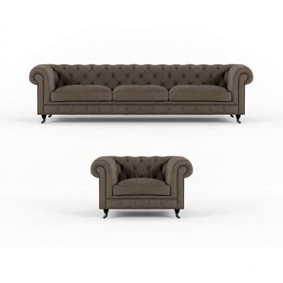 Light gray Chesterfield upholstered furniture, elegant textile couches, luxury armchairs