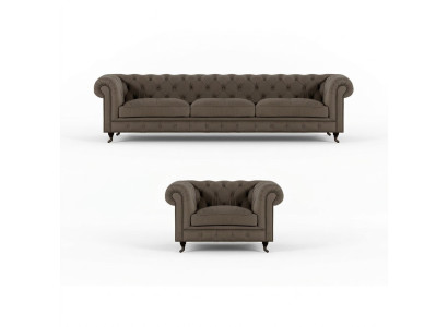 Light gray Chesterfield upholstered furniture, elegant textile couches, luxury armchairs