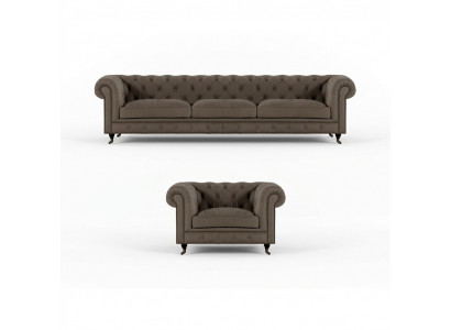 Light gray Chesterfield upholstered furniture, elegant textile couches, luxury armchairs