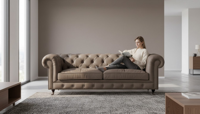 Chesterfield Upholstered Furniture Two-seater Sofa Couch Fabric Gray Living Room