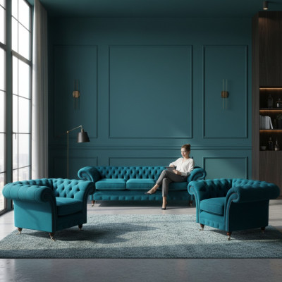 Chesterfield Blue Couches Upholstered Sofas Living Room Textile Seating Furniture 3-piece Set
