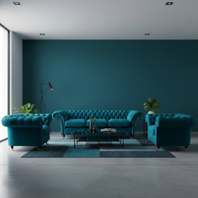 Chesterfield Blue Couches Upholstered Sofas Living Room Textile Seating Furniture 3-piece Set