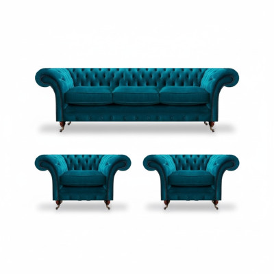 Chesterfield Blue Couches Upholstered Sofas Living Room Textile Seating Furniture 3-piece Set