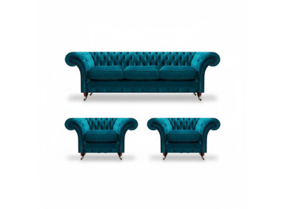 Chesterfield Blue Couches Upholstered Sofas Living Room Textile Seating Furniture 3-piece Set