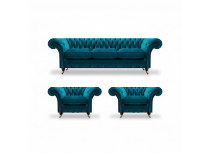 Chesterfield Blue Couches Upholstered Sofas Living Room Textile Seating Furniture 3-piece Set