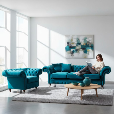 Light blue Chesterfield upholstered suite designer 3-seater sofa armchair