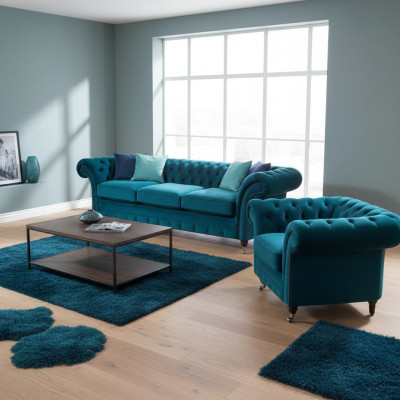 Light blue Chesterfield upholstered suite designer 3-seater sofa armchair