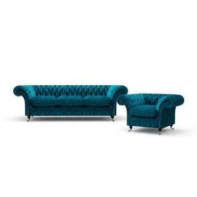 Light blue Chesterfield upholstered suite designer 3-seater sofa armchair