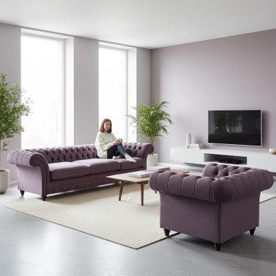 Lila Chesterfield Upholstery Set Stylish Three-Seater Textile Armchair