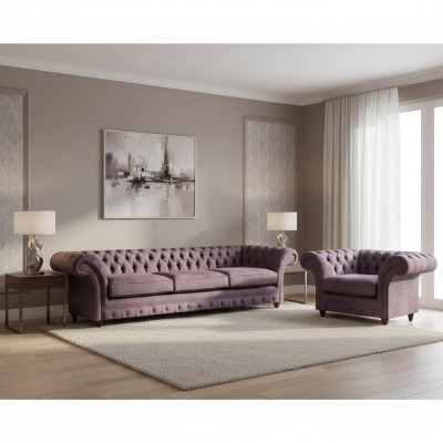 Lila Chesterfield Upholstery Set Stylish Three-Seater Textile Armchair