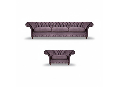 Lila Chesterfield Upholstery Set Stylish Three-Seater Textile Armchair