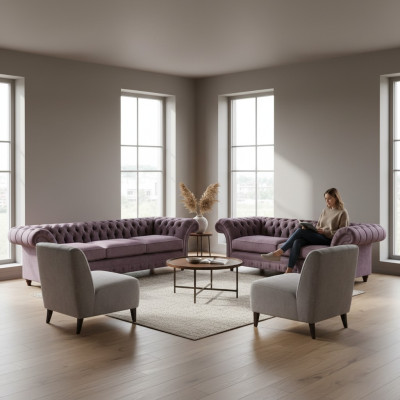 Modern Chesterfield Upholstery Set Elegant Three-Seater Textile 2-Piece 2-Seater