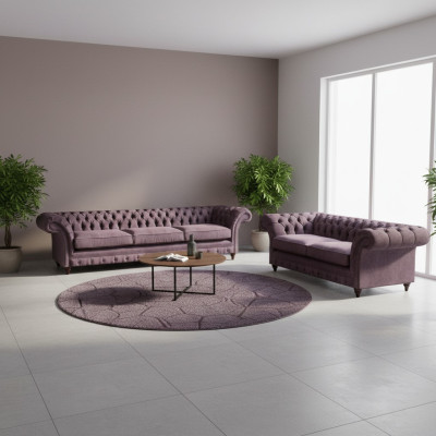 Modern Chesterfield Upholstery Set Elegant Three-Seater Textile 2-Piece 2-Seater