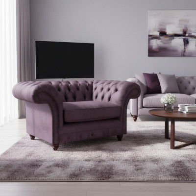 Chesterfield Lilac Armchair Living Room Textile Single Seat Elegant 1-Seater