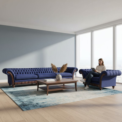 Blue Chesterfield upholstery designer 3-seater sofa fabric armchair 2-piece set