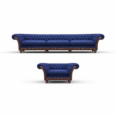 Blue Chesterfield upholstery designer 3-seater sofa fabric armchair 2-piece set