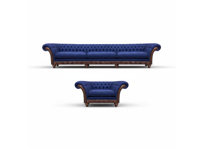 Blue Chesterfield upholstery designer 3-seater sofa fabric armchair 2-piece set
