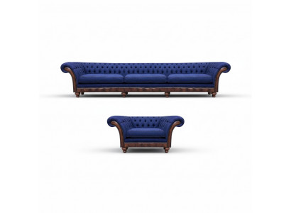 Blue Chesterfield upholstery designer 3-seater sofa fabric armchair 2-piece set